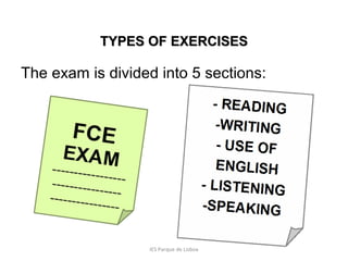 First Certification in English

TYPES OF EXERCISES

The exam is divided into 5 sections:

IES Parque de Lisboa

 