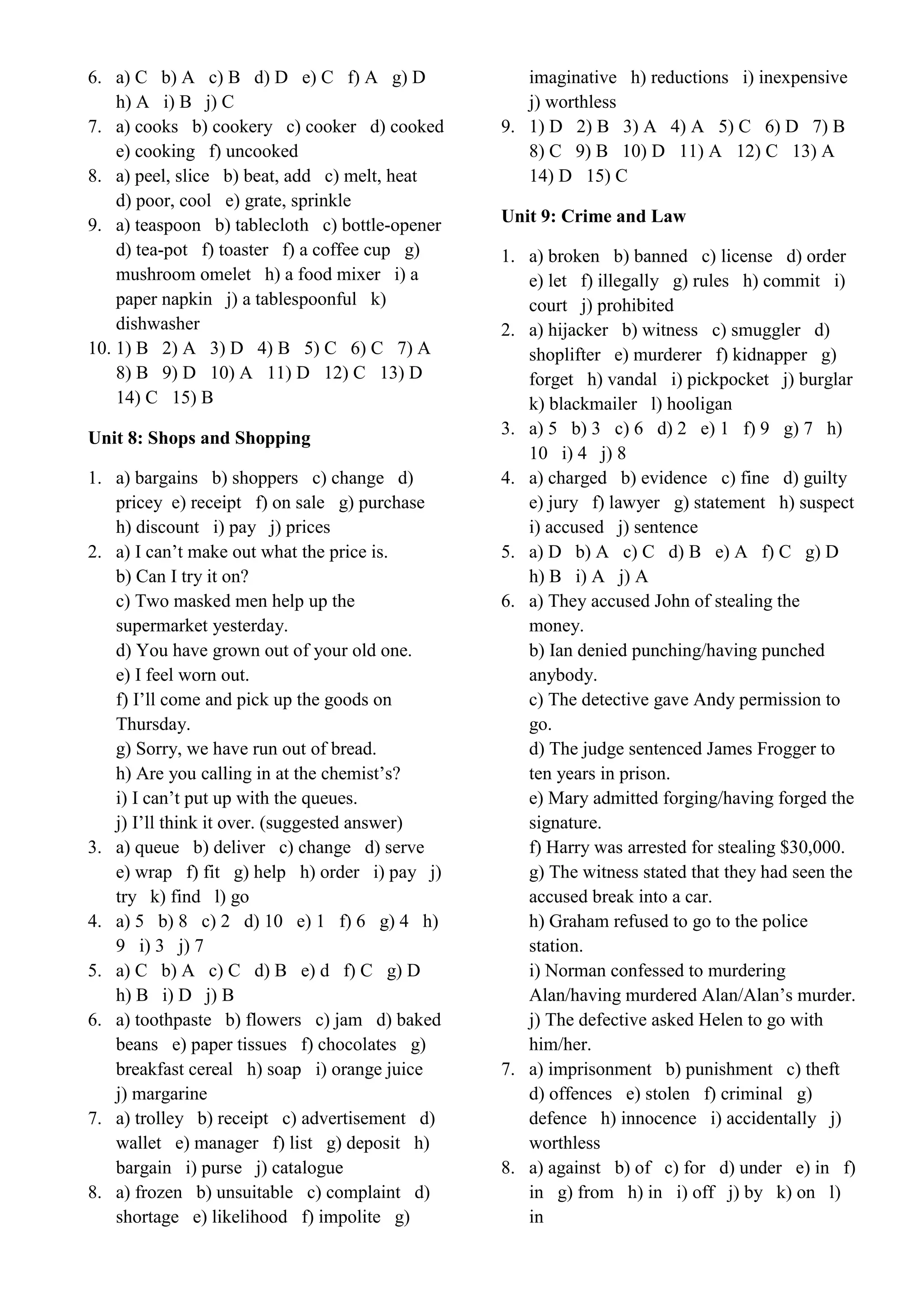 6. a) C b) A c) B d) D e) C f) A g) D
h) A i) B j) C
7. a) cooks b) cookery c) cooker d) cooked
e) cooking f) uncooked
8. a) peel, slice b) beat, add c) melt, heat
d) poor, cool e) grate, sprinkle
9. a) teaspoon b) tablecloth c) bottle-opener
d) tea-pot f) toaster f) a coffee cup g)
mushroom omelet h) a food mixer i) a
paper napkin j) a tablespoonful k)
dishwasher
10. 1) B 2) A 3) D 4) B 5) C 6) C 7) A
8) B 9) D 10) A 11) D 12) C 13) D
14) C 15) B
Unit 8: Shops and Shopping
1. a) bargains b) shoppers c) change d)
pricey e) receipt f) on sale g) purchase
h) discount i) pay j) prices
2. a) I can’t make out what the price is.
b) Can I try it on?
c) Two masked men help up the
supermarket yesterday.
d) You have grown out of your old one.
e) I feel worn out.
f) I’ll come and pick up the goods on
Thursday.
g) Sorry, we have run out of bread.
h) Are you calling in at the chemist’s?
i) I can’t put up with the queues.
j) I’ll think it over. (suggested answer)
3. a) queue b) deliver c) change d) serve
e) wrap f) fit g) help h) order i) pay j)
try k) find l) go
4. a) 5 b) 8 c) 2 d) 10 e) 1 f) 6 g) 4 h)
9 i) 3 j) 7
5. a) C b) A c) C d) B e) d f) C g) D
h) B i) D j) B
6. a) toothpaste b) flowers c) jam d) baked
beans e) paper tissues f) chocolates g)
breakfast cereal h) soap i) orange juice
j) margarine
7. a) trolley b) receipt c) advertisement d)
wallet e) manager f) list g) deposit h)
bargain i) purse j) catalogue
8. a) frozen b) unsuitable c) complaint d)
shortage e) likelihood f) impolite g)
imaginative h) reductions i) inexpensive
j) worthless
9. 1) D 2) B 3) A 4) A 5) C 6) D 7) B
8) C 9) B 10) D 11) A 12) C 13) A
14) D 15) C
Unit 9: Crime and Law
1. a) broken b) banned c) license d) order
e) let f) illegally g) rules h) commit i)
court j) prohibited
2. a) hijacker b) witness c) smuggler d)
shoplifter e) murderer f) kidnapper g)
forget h) vandal i) pickpocket j) burglar
k) blackmailer l) hooligan
3. a) 5 b) 3 c) 6 d) 2 e) 1 f) 9 g) 7 h)
10 i) 4 j) 8
4. a) charged b) evidence c) fine d) guilty
e) jury f) lawyer g) statement h) suspect
i) accused j) sentence
5. a) D b) A c) C d) B e) A f) C g) D
h) B i) A j) A
6. a) They accused John of stealing the
money.
b) Ian denied punching/having punched
anybody.
c) The detective gave Andy permission to
go.
d) The judge sentenced James Frogger to
ten years in prison.
e) Mary admitted forging/having forged the
signature.
f) Harry was arrested for stealing $30,000.
g) The witness stated that they had seen the
accused break into a car.
h) Graham refused to go to the police
station.
i) Norman confessed to murdering
Alan/having murdered Alan/Alan’s murder.
j) The defective asked Helen to go with
him/her.
7. a) imprisonment b) punishment c) theft
d) offences e) stolen f) criminal g)
defence h) innocence i) accidentally j)
worthless
8. a) against b) of c) for d) under e) in f)
in g) from h) in i) off j) by k) on l)
in
 