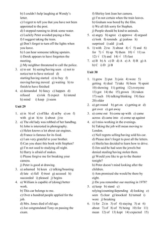 b) I couldn’t help laughing at Wendy’s
letter.
c) I regret to tell you that you have not been
appointed to the post.
d) I stopped running to drink some water.
e) Luckily Peter avoided paying a fine.
f) I suggest taking the train.
g) Don’t forget to turn off the lights when
you leave.
h) I can hear someone talking upstairs.
i) Derek appears to have forgotten the
meeting.
j) My neighbor threatened to call the police.
3. a) to eat b) seeing/having seen c) not to
notice/not to have noticed d)
starting/having started e) to buy f)
moving/having moved g) waiting h) to
finish/to have finished
4. a) demanded b) fancy c) happen d)
refused e) risk f) expect h) intend
h) mind i) keep j) seem
Unit 29
1. a) in b) of c) of/like d) at/by e) on f)
with g) at h) to i) about j) to
2. a) The old lady was robbed of her handbag.
b) John is interested in photography.
c) Helen knows a lot about car engines.
d) France is famous for its food.
e) I am very grateful to your brother.
f) Can you share this book with Stephen?
g) I’m not used to studying all night.
h) Harry is afraid of snakes.
i) Please forgive me for breaking your
camera.
j) Peter is good at drawing.
3. a) ashamed b) keen c) talking/boasting
d) late e) full f) trust g) accused h)
succeeded i) pleased j) begins
4. a) William is capable of (doing) better
work.
b) This car belongs to me.
c) Over a hundred people applied for the
job.
d) Mrs. Jones died of old age.
e) Joe congratulated Tony on passing the
exam.
f) Shirley lent Jean her camera.
g) I’m not certain when the train leaves.
h) Graham was bored by the film.
i) We all felt sorry for Stephen.
j) People should be kind to animals.
5. a) angry b) agree c) approve d) argued
e) look f) reminds g) jealous h)
surprised i) add j) ask
6. 1) with 2) to 3) about 4) √ 5) and 6)
for 7) √ 8) up 9) them 10) √ 11) us
12) √ 13) and 14) √ 15) last
7. a) B b) A c) D d) A e) A f) B g) A
h) C i) D j) B
Unit 30
1. 1) grew 2) put 3) join 4) wore 5)
getting 6) deal 7) take 8) been 9) spent
10) showing 11) getting 12) everyone
13) got 14) the 15) grown 16) taken
17) such 18) talking/thinking 19) face
20) older
2. a) get round b) get on c) getting at d)
got over e) got away
3. a) come out b) come up with c) came
across d) came into e) come up against
4. a) I miss working in the evenings.
b) Taking the job will mean moving to
London.
c) Neil regrets selling/having sold his car.
d) Please don’t forget to post all the letters.
e) Sheila has decided to learn how to drive.
f) Jim said he had seen the jewels but
denied stealing/having stolen them.
g) Would you like to go to the theater
tonight?
h) Peter doesn’t mind looking after the
children.
i) Ann promised she would be there by
eight.
j) Do you remember our meeting in 1978?
5. a) keep b) stand c)
relying/counting/depending d) looking e)
seen f) clear g) knocked h) turned i)
wore j) breaking
6. 1) for 2) in 3) of 4) staying 5) at 6)
about 7) of 8) of 9) being 10) for 11)
mean 12) of 13) kept 14) expected 15)
 