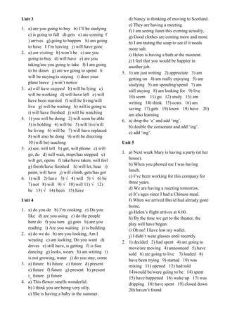 Unit 3
1. a) are you going to buy b) I’ll be studying
c) is going to fall d) gets e) are coming f
) arrives g) going to happen h) am going
to have I I’m leaving j) will have gone
2. a) am visiting b) won’t be c) are you
going to buy d) will have e) are you
taking/are you going to take f) I am going
to lie down g) are we going to spend h
will be staying/is staying i) does your
plane leave j won’t notice
3. a) will have stopped b) will be lying c)
will be working d) will have left e) will
have been married f) will be living/will
live g) will be waiting h) will/is going to
i) will have finished j) will be watching
4. 1) you will be doing 2) will soon be able
3) is holding 4) will be 5) will live/will
be living 6) will be 7) will have replaced
8) will also be dong 9) will be directing
10 (will be) teaching
5. a) see, will tell b) get, will phone c) will
go, do d) will wait, stops/has stopped e)
will get, opens f) take/have taken, will feel
g) finish/have finished h) will let, hear i)
paint, will have j) will climb, gets/has got
6. 1) will 2) have 3) √ 4) will 5) √ 6) be
7) not 8) will 9) √ 10) will 11) √ 12)
be 13) √ 14) been 15) have
Unit 4
1. a) do you do b) I’m cooking c) Do you
like d) are you using e) do the people
here do f) you turn g) goes h) are you
reading i) Are you waiting j) is building
2. a) do we do b) are you looking, Am I
wearing c) am looking, Do you want d)
drives e) still have, is getting f) is Sue
dancing g) looks, wears h) am writing i)
is not growing, water j) do you stay, come
3. a) future b) future c) future d) present
e) future f) future g) present h) present
i_ future j) future
4. a) This flower smells wonderful.
b) I think you are being very silly.
c) She is having a baby in the summer.
d) Nancy is thinking of moving to Scotland.
e) They are having a meeting.
f) I am seeing Janet this evening actually.
g) Good clothes are costing more and more.
h) I am tasting the soup to see if it needs
more salt.
i) Helen is having a bath at the moment.
j) I feel that you would be happier in
another job.
5. 1) am just writing 2) appreciate 3) am
getting on 4) am really enjoying 5) am
studying 5) am spending/spend 7) am
still staying 8) am looking for 9) live
10) seem 11) go 12) study 13) am
writing 14) think 15) costs 16) am
saving 17) gets 19) know 19) have 20)
am also learning
6. a) drop the ‘e’ and add ‘ing’.
b) double the consonant and add ‘ing’.
c) add ‘ing’.
Unit 5
1. a) Next week Mary is having a party (at her
house).
b) When you phoned me I was having
lunch.
c) I’ve been working for this company for
three years.
d) We are having a meeting tomorrow.
e) It’s ages since I had a Chinese meal.
f) When we arrived David had already gone
home.
g) Helen’s flight arrives at 8.00.
h) By the time we get to the theater, the
play will have begun.
i) Oh no! I have lost my wallet.
j) I didn’t wear glasses until recently.
2. 1) decided 2) had spent 4) are going to
move/are moving 4) announced 5) have
sold 6) are going to live 7) loaded 8)
have been trying 9) started 10) was
mixing 11) opened 12) had told
14)would be/were going to be 14) spent
15) have happened 16) woke up 17) was
dripping 18) have spent 19) closed down
20) haven’t found
 