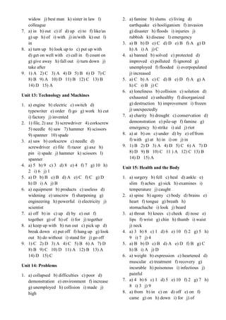 widow j) best man k) sister in law l)
colleague
7. a) in b) out c) if d) up e) to f) like/as
g) up h) of i) with j) in/with k) out l)
in
8. a) turn up b) look up to c) put up with
d) get on well with e) call in f) count on
g) give away h) fall out i) turn down j)
take after
9. 1) A 2) C 3) A 4) D 5) B 6) D 7) C
8) B 9) A 10) D 11) B 12) C 13) B
14) D 15) A
Unit 13: Technology and Machines
1. a) engine b) electric c) switch d)
typewriter e) order f) go g) work h) cut
i) factory j) invented
2. 1) file, 2) axe 3) screwdriver 4) corkscrew
5) needle 6) saw 7) hammer 8) scissors
9) spanner 10) spade
3. a) saw b) corkscrew c) needle d)
screwdriver e) file f) razor g) axe h)
pin i) spade j) hammer k) scissors l)
spanner
4. a) 5 b) 9 c) 3 d) 8 e) 4 f) 7 g) 10 h)
2 i) 6 j) 1
5. a) D b) B c) B d) A e) C f) C g) D
h) D i) A j) B
6. a) equipment b) products c) useless d)
widening e) unscrew f) sharpening g)
engineering h) powerful i) electricity j)
scientist
7. a) off b) in c) up d) by e) out f)
together g) of h) of i) for j) together
8. a) keep up with b) run out c) pick up d)
break down e) put off f) hang up g) look
out h) do without i) stand for j) go off
9. 1) C 2) D 3) A 4) C 5) B 6) A 7) D
8) B 9) C 10) D 11) A 12) B 13) A
14) D 15) C
Unit 14: Problems
1. a) collapsed b) difficulties c) poor d)
demonstration e) environment f) increase
g) unemployed h) collision i) made j)
high
2. a) famine b) slums c) living d)
earthquake e) hooliganism f) invasion
g) disaster h) floods i) injuries j)
rubbish k) disease l) emergency
3. a) B b) D c) C d) D e) B f) A g) D
h) A i) A j) C
4. a) banned b) solved c) protected d)
improved e) polluted f) ignored g)
unemployed f) flooded i) overpopulated
j) increased
5. a) C b) A c) C d) B e) D f) A g) A
h) C i) B j) C
6. a) loneliness b) collision c) solution d)
exhausted e) unhealthy f) disorganized
g) destruction h) improvement i) frozen
j) unexpectedly
7. a) charity b) drought c) conservation d)
demonstration e) pile-up f) famine g)
emergency h) strike i) aid j) riot
8. a) at b) on c) under d) by e) of/from
f) with g) at h) in i) on j) in
9. 1) B 2) D 3) A 4) D 5) C 6) A 7) D
8) D 9) B 10) C 11 ) A 12) C 13) B
14) D 15) A
Unit 15: Health and the Body
1. a) surgery b) fell c) heal d) ankle e)
slim f) aches g) sick h) examines i)
temperature j) caught
2. a) spine b) agony c) body d) brains e)
heart f) tongue g) breath h)
stomachache i) look j) beard
3. a) throat b) knees c) cheek d) nose e)
lips f) wrist g) chin h) thumb i) waist
j) neck
4. a) 3 b) 8 c) 1 d) 6 e) 10 f) 2 g) 5 h)
9 i) 7 j) 4
5. a) B b) D c) B d) A e) D f) B g) C
h) B i) A j) D
6. a) weight b) expression c) heartened d)
muscular e) treatment f) recovery g)
incurable h) poisonous i) infectious j)
painful
7. a) 4 b) 6 c) 1 d) 5 e) 10 f) 2 g) 7 h)
8 i) 3 j) 9
8. a) from b) in c) on d) off e) on f)
came g) on h) down i) for j) of
 