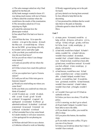 c) The sales manager asked me why I had
applied for the/that job.
d) My bank manager wanted to know if I
was taking much money with me to France.
e) Maria asked the examiner when she
would know the results of the examination.
f) The stewardess asked me if I was
enjoying my flight.
g) I asked the salesman how the
photocopier worked.
h) Sue asked Paul if he had ever been to
Japan.
5. a) to tell him the time b) to open the
window c) to get to the cinema d) much
the bike cost e) would help me f) have
the car for $500 g) was being a bit silly
h) wouldn’t arrive until after eight
6. a) Do you think you could tell me what
time the next boat leave?
b) Can you tell me where I can change
some money?
c) Could you possibly tell me where the
toilet is?
d) I’d like to know how much this pullover
costs.
e) Can you explain how I get to Victoria
station?
f) Could you tell me if this train goes to
Gatwick Airport?
g) Would you mind telling me where you
come from?
h) Do you think you could tell me what you
think of London?
7. a) told b) asked, say c) told d) asked,
told e) said f) said g) tell h) told
8. a) denied b) suggested c) agreed d)
apologized e) reminded f) offered g)
admitted/confessed h) doubted i) advised
j) promised k) accused l) insisted m)
confessed n) decided o) refused
9. a) Paul reminded Sue to buy some bread.
b) I doubt whether it will snow tomorrow.
c) Jim apologized for not phoning me
earlier.
d) William advised Chris to see a doctor.
e) Catherine refused to work on Saturday.
f) Wendy suggested going out to the pub
for lunch.
g) Larry denied ever having been arrested.
h) Ann offered to help Bob do the
decorating.
i) Tom promised his children that he would
take them to the park on Saturday.
j) Brenda agreed to share the bill with
Dave.
Unit 7
1. a) stops, press b) treated, would be c)
help, will do d) leaves, will arrive e) it is,
will go f) find, will get g) take, will lose
h) I’d be, lived i) did, would play j)
phone, will you be
2. a) had told, would have helped b) hadn’t
stolen, wouldn’t be c) hadn’t driven,
wouldn’t have crashed d) smoked,
wouldn’t feel e) hadn’t fallen, would have
won f) had invited, would have been able
g) had come, would have noticed h) would
you feel, offered i) lent, would pay j)
caught, would throw
3. a) had known, would have met b) had
come, would have met c) had, would be
able c) hadn’t helped, wouldn’t have
passed e) would buy, had f) would do,
won g) trained, would be h) had listened,
wouldn’t have married i) hadn’t taken,
wouldn’t have had j) bought, wouldn’t
look
4. a) I wouldn’t have got wet if I’d had an
umbrella with me.
b) Unless you leave me alone, I’ll call the
police.
c) If it’s snowing, we don’t go to school.
d) If jack hadn’t helped, I wouldn’t have
been able to move the table.
e) If you drank less coffee, you would be
able to sleep.
f) If you press this button, the machine
stops.
g) If you make me some coffee, I’ll give
you one of my biscuit.
h) Unless you’d told me about Sue’s hair, I
wouldn’t have noticed.
 