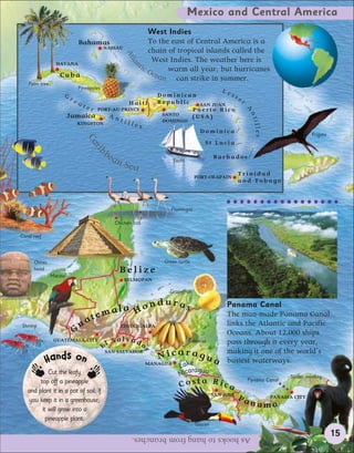Mexico and Central America
                                                             West Indies
                         Bahamas                             To the east of Central America is a
                                       NASSAU
                                                             chain of tropical islands called the




                                                  At
                                                              West Indies. The weather here is




                                                     la
                HAVANA                                   tic




                                                       n
                  C u ba
                                                             Oce warm all year, but hurricanes
                                                                an can strike in summer.
   Palm tree
                         Pineapples
                                                                                     es       L
                   Gr                                            Dominican              se
                        ea                         Haiti         Republic                  r
                             te                                             SAN JUAN
                                  r   PORT-AU-PRINCE                      Puerto Rico




                                                                                                       A
                                                                                                           nti
                       Jamaica              An                    SANTO   (USA)
                                                 til              DOMINGO
                         KINGSTON                      les




                                                                                                            lles
                                                                                    Dominica                                     Frigate
                             Ca




                                                                                      St Lucia
                                      bb
                               ri




                                           ea                                              Barbados
                                              n   Se a                 Yacht


                                                                                  PORT-OF-SPAIN
                                                                                                      Trinidad
                                                                                                      and Tobago



                                                                      Flamingos

                                             Chichén Itzá

Coral reef




      Olmec                                                        Green turtle
      head
               Macaw
                                                 Belize
                                                  BELMOPAN

                                                                     Grapefruit

                                                n                duras                            Panama Canal
                                      em ala Ho                                                   The man-made Panama Canal
                                  t
Shrimp                      ua                   TEGUCIGALPA                                      links the Atlantic and Pacific
                        G                                                                         Oceans. About 12,000 ships
                GUATEMALA CITY              Salvado                            Bananas            pass through it every year,
                                       El
                                                                                                  making it one of the world’s
                                                                 Nicaragua
                                                             r




                                        SAN SALVADOR
             Hands on                                                                             busiest waterways.
                                                             MANAGUA
                                                                         Lake
                                                                             ragua
            Cut the leafy                                                Nica                                            Spider monkey
                                                                          Costa Rica
        top off a pineapple                                                                             Panama Canal

   and plant it in a pot of soil. If 
                                                                                           SAN JOSÉ
    you keep it in a greenhouse,                                                                      Pa           PANAMA CITY
                                                                                                           nama
         it will grow into a
           pineapple plant.
                                                                                  Toucan

                                                       As hooks to hang from branches.                                                     15
 