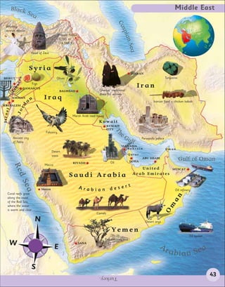 Black                                                                                                                      Middle East
                      Sea




                                                                                       Ca
 Whirling




                                                                                         spi
 dervish dancer
                                             Mount Ararat




                                                                                             an
                                             5,165 m
                                             (16,945 ft)




                                                                                              Sea
                        Head of Zeus



                        Syria
                                                                                                  TEHRAN
                                                                                                                             Turquoise
              non




BEIRUT                                    Olives
                        Figs
                                                                                                     Iran
          ba




                    DAMASCUS
         Le




                                             BAGHDAD                    Chador, traditional
                                                                        dress for women
         AMMAN                  Iraq
                      an                                                                                          Iranian food – chicken kebab
               rd




JERUSALEM
Israel


              Jo




                                                      Marsh Arab reed house
                                                                       Kuwait
                                                                               KUWAIT
                                                                               CITY
                                                                                    Th

                                  Falconry
                                                                                         eG
         Ancient city
         of Petra
                                                                                              ulf        Persepolis palace

                                                                                         MANAMA
                                                                                           Bahrain                           Oman
                                       Desert
                                       oasis                                                  Qatar

                                                      RIYADH                     Oil              DOHA
                                                                                                         ABU DHABI                       Gulf of Oman
                                 Mecca
         Red




                                                                                                      United                      MUSCAT

                                                   Saudi Arabia                                    Arab Emirates
               Sea




                               Mecca                        Arabian desert                                                          Oil refinery
   Coral reefs grow
                                                                                                                                  an


   along the coast
   of the Red Sea,
                                                                                                                         Om




   where the water
   is warm and clear.
                                                                      Camels

                           N                                                                               Desert oryx

                                                                                  Yemen
                                                                                                                                               Oil tanker
                                                                              Frankincense tree
    W                                                       SANA
                                                                                                                      Ar
                                         E
                                                                                                                               abian Sea
                        S
                                                                       Turkey.                                                                              43
 