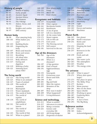 History of people                 148–149   How plants work         226–227   Changing states
 80–81     World of history       150–151   Fungi                   228–229   Amazing atoms
 82–83     Early people           152–153   Micro life              230–231   Molecules
 84–85     Ancient Egypt          154–155   Food chains             232–233   Reactions and
 86–87     Ancient Greece                                                     changes
 88–89     The Romans            Ecosystems and habitats            234–235   What is energy?
 90–91     The Vikings            156–157   Ecosystems              236–237   Electricity
 92–93     Aztecs, Incas, and     158–159   Polar regions           238–239   Light
           Mayas                  160–161   Deciduous forests       240–241   Sound
 94–95     Knights and castles    162–163   Rainforests             242–243   Forces and motion
 96–97     20th century           164–165   A sea of grass          244–245   Machines
                                  166–167   Life in a meadow
Human body                        168–169   At the water hole      Planet Earth
 98–99     Your amazing body      170–171   Desert regions          246–247   Our planet
 100–101   What makes you         172–173   Life in thin air        248–249   Earth’s structure
           you?                   174–175   Cool caves              250–251   Rocks and
 102–103   Building blocks        176–177   The flowing current               minerals
 104–105   Organizing the         178–179   Still waters            252–253   Shaping the land
           body                   180–181   Survival in the sea     254–255   Soil
 106–107   Bones and muscles                                        256–257   Resources in the
 108–109   Brain and senses      Age of the dinosaurs                         ground
 110–111   Breathing              182–183   Age of the              258–259   Fresh and salt
 112–113   All about skin                   dinosaurs                         water
 114–115   Body defences          184–185   What is a               260–261   The water cycle
 116–117   Eating and                       dinosaur?               262–263   The atmosphere
           digestion              186–187   A hip question          264–265   Weather
 118–119   Making a baby          188–189   Find a friend           266–267   The energy crisis
 120–121   Amazing facts          190–191   Eggstraordinary
           about YOU!                       eggs                   The universe
                                  192–193   Sauropods               268–269   What is space?
The living world                  194–195   Cretaceous cows         270–271   Where does space
 122–123   The living world       196–197   Horns and frills                  begin?
 124–125   What is an animal?     198–199   T. Rex                  272–273   Our place in space
 126–127   Types of animal        200–201   Big and bold            274–275   The Milky Way
 128–129   The world of           202–203   Meet the raptors        276–277   Rockets
           mammals                204–205   Monsters of the         278–279   Moon journey
 130–131   Marsupials                       deep                    280–281   Men on the moon
 132–133   Water mammals          206–207   How was it made?        282–283   Space shuttle
 134–135   The world of birds     208–209   What happened?          284–285   Working in space
 136–137   The world of           210–211   Living dinosaurs        286–287   Exploring Mars
           reptiles                                                 288–289   The Sun
 138–139   The world of          Science and technology             290–291   A star is born
           amphibians             212–213   What is science?        292–293   The Big Bang
 140–141   The world of           214–217   Advances in science
           insects                218–219   Being a scientist      Reference section
 142–143   The world of           220–221   Science and             294–297   Glossary
           non-insects                      everyday life           298–303   Index
 144–145   The world of fish      222–223   All living things       304       Acknowledgements
 146–147   What is a plant?       224–225   Properties of matter
                                                                                                  3
 
