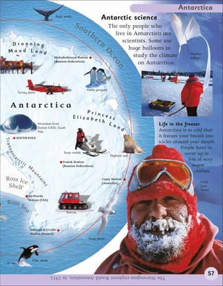 Antarctica
                                           Right whale
                                                                           Antarctic science
                                                           So                      The only people who
                                                                ut
                                                                     he              live in Antarctica are
   Dronning
                                                                          rn            scientists. Some use
                                                                                           huge balloons to
  Maud Land




                                                                            Oc
                                                                                                                     Weather
                                           Molodezhnaya Station                              study the climate       balloon.




                                                                                   ea
                                           (Russian Federation)
                                                                                               on Antarctica.




                                                                                      n
                                                                 Adélie penguins
            Survey plane



   Antarctica
                                                              Prin
                                                          Elizabe cess
                                                                 th
                               Amundsen-Scott                       La                                Life in the freezer
                               Station (USA), South                    n                  d
                               Pole                                                                   Antarctica is so cold that
        SOUTH POLE                                                                                    it freezes your breath into
Tr a




                                                                                                      icicles around your mouth.
                                                                                                                  People have to
 nsa




                                                 Snow mobile                                                        cover up in
   nt




       ar                                                                          Elephant seal
            ct                                   Vostok Station
                                                                                                                      lots of very
                 ic                                                                                                     warm
                      M                          (Russian Federation)
                          ou                                                                                             clothes.
                           nt




 Ross Ice                                                                  Casey Station
                               ai




                                                                           (Australia)                                      Icicles
                                 ns




  Shelf                                                                                                                     from
                                                                                                                            breath.
                      McMurdo
                      Station (USA)
 R os s S
         e
                 a




                                                      Sno-cat




                       Dumont d’Urville
                       Station (France)
                                                                  Snow petrel




                          Killer whale



                                         The Norwegian explorer Roald Amundsen, in 1911.                                         57
 