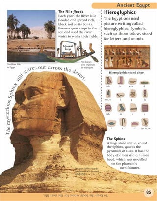 Ancient Egypt
                                           The Nile floods                           Hieroglyphics
                                           Each year, the River Nile
                                           flooded and spread rich,                  The Egyptians used
                                           black soil on its banks.                  picture writing called
                                           Farmers grew crops in the                 hieroglyphics. Symbols,
                                           soil and used the river                   such as those below, stood
                                           water to water their fields.
                                                                                     for letters and sounds.
                                              A funeral
                                               barge




                                                                Nile barges
   The River Nile                                               were important
                                   ut across the
                           a r es o
   in Egypt                                                     for transport.

                         st                      des                                    Hieroglyphic sound chart
                                                     er
                                                                 t.
                   ll
                sti  x




                                                                                      ah       b       c, k         d
                 phin
The mysterious S




                                                                                     ee, y     f        g           h



                                                                                      kh       m         n          p




                                                                                           r       s          t   oo, u, w


                                                                                      The Sphinx
                                                                                      A huge stone statue, called
                                                                                      the Sphinx, guards the
                                                                                      pyramids at Giza. It has the
                                                                                      body of a lion and a human
                                                                                      head, which was modelled
                                                                                         on the pharaoh’s
                                                          The great Sphinx guards             own features.
                                                          the pyramid of a pharaoh
                                                          called Khafra.




                                  To keep the body whole for the next life.                                             85
 