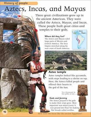 History of people

Aztecs, Incas, and Mayas
                    Three great civilizations grew up in
                    the ancient Americas. They were
                     called the Aztecs, Mayas, and Incas.
                      These people built great cities and
                       temples to their gods.         Aztecs
                                                                                 Mayas

Aztec
warrior
                            Where did they live?
headdress                   The Aztecs and Mayas ruled




                                                                           Inc
                                                                            as
                            large parts of Mexico and
                            Central America. The Inca
                            Empire stretched along the
                            west coast of South America.




                                 Aztec temple
                                 Aztec temples looked like pyramids,
                                 with steps leading to a shrine on top.
                                 Here, the Aztecs killed people and
                                 offered their hearts to
                                 the god of the Sun.
                                               This is Chicomecoatl, the
                                               Aztec goddess of maize.


                                  Gods and farming
                                  The Aztecs prayed to the gods
                                  to make their crops grow. Most
                                  important was maize (corn). It
                                   was ground into flour for making
                                    flat breads called tortillas.
92
                      How were the Incas like the ancient Egyptians?
 