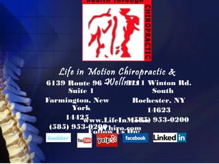Life in Motion Chiropractic &
Wellness Winton Rd.
3111
6139 Route 96 –

Suite 1
South
Farmington, New
Rochester, NY
York
14623
14425
(585)
www.LifeInMotio 953-0200
(585) 953-0200
nChiro.com
Follow Us On:

 