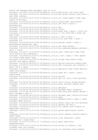 adalah INI mengapa Anda menelepon saya di sini? 
Dialogue: 0,0:19:07.12,0:19:09.56,Default,,0,0,0,,Miina-san, aku minta maaf. 
Dialogue: 0,0:19:11.56,0:19:14.56,Default,,0,0,0,,Aku punya sesuatu yang harus 3 
dari Anda lakukan. 
Dialogue: 0,0:19:23.30,0:19:26.07,Default,,0,0,0,,Itu tidak seperti Anda sama 
sekali China-chan. 
Dialogue: 0,0:19:26.07,0:19:29.67,Default,,0,0,0,,Voyeurisme, benar-benar! 
Dialogue: 0,0:19:29.67,0:19:31.68,Default,,0,0,0,,Aku didn & apos; t 
melakukannya. 
Dialogue: 0,0:19:31.68,0:19:33.68,Default,,0,0,0,,Eh? 
Dialogue: 0,0:19:38.32,0:19:39.45,Default,,0,0,0,,Lihat! 
Dialogue: 0,0:19:39.98,0:19:41.69,Default,,0,0,0,,Anda didn & apos; t film itu? 
Dialogue: 0,0:19:37.95,0:19:40.15,Default,,0,0,0,,{ Pos (624.290)} Tidak ada 
data video 
Dialogue: 0,0:19:41.69,0:19:43.69,Default,,0,0,0,,I didn & apos; t. 
Dialogue: 0,0:19:43.69,0:19:46.69,Default,,0,0,0,,Jika saya hadn & apos; t 
melakukan itu 
Dialogue: 0,0:19:46.69,0:19:48.99,Default,,0,0,0,,mereka takkan & apos; t 
mendengarkan permintaan saya. 
Dialogue: 0,0:19:51.36,0:19:55.50,Default,,0,0,0,,Dan Anda dengar? 
Dialogue: 0,0:19:55.50,0:19:59.74,Default,,0,0,0,,Kau pemenang pembaca pertama & 
apos; s suara. 
Dialogue: 0,0:20:01.17,0:20:04.71,Default,,0,0,0,,Jadi tidak perlu bagi Anda 
untuk pensiun dari pemodelan. 
Dialogue: 0,0:20:08.41,0:20:10.45,Default,,0,0,0,,I don & apos; t tahu apakah 
itu karena Anda begitu kaya 
Dialogue: 0,0:20:10.45,0:20:14.08,Default,,0,0,0,,tetapi Anda begitu bodoh 
percaya saya begitu banyak. 
Dialogue: 0,0:20:14.08,0:20:15.32,Default,,0,0,0,,Ketika berbicara dengan Anda 
Dialogue: 0,0:20:15.32,0:20:18.32,Default,,0,0,0,,Aku tersenyum tapi berpikir & 
apos; Idiot & apos; 
Dialogue: 0,0:20:18.32,0:20:21.73,Default,,0,0,0,,Remie-san Anda tidak memiliki 
teman yang benar? 
Dialogue: 0,0:20:21.73,0:20:24.66,Default,,0,0,0,,Anda don & apos; t perlu 
teman-teman. 
Dialogue: 0,0:20:24.66,0:20:26.60,Default,,0,0,0,,Kurasa. 
Dialogue: 0,0:20:28.40,0:20:30.67,Default,,0,0,0,,Hal ini sulit untuk penjahat 
juga. 
Dialogue: 0,0:20:32.40,0:20:37.67,Default,,0,0,0,,Ikuti divisi proyek berikut. 
Dialogue: 0,0:20:37.67,0:20:40.68,Default,,0,0,0,,Saya serahkan kepada Anda 
..NOke! 
Dialogue: 0,0:20:40.68,0:20:42.68,Default,,0,0,0,,Mengapa? 
Dialogue: 0,0:20:42.68,0:20:44.55,Default,,0,0,0,,Mengapa Remie terdaftar? 
Dialogue: 0,0:20:44.55,0:20:47.12,Default,,0,0,0,,Apa yang Anda maksud dengan & 
apos; mengapa & apos ;? 
Dialogue: 0,0:20:48.68,0:20:50.65,Default,,0,0,0,,Selamat pagi, Editor-in-chief. 
Dialogue: 0,0:20:50.65,0:20:51.32,Default,,0,0,0,,Pagi 
Dialogue: 0,0:20:51.32,0:20:53.19,Default,,0,0,0,,Mengapa haven & apos; t Anda 
dilempar Remie keluar? 
Dialogue: 0,0:20:53.19,0:20:55.92,Default,,0,0,0,,Semua orang tahu dia bersalah. 
Dialogue: 0,0:20:55.92,0:20:58.29,Default,,0,0,0,,Karena dia perlu. 
Dialogue: 0,0:20:58.29,0:21:03.47,Default,,0,0,0,,Dia adalah jauh terbaik di 
departemen editorial 
Dialogue: 0,0:21:03.47,0:21:06.70,Default,,0,0,0,,dalam kapasitasnya selera 
mode. 
Dialogue: 0,0:21:06.70,0:21:10.44,Default,,0,0,0,,Untuk membuat majalah seperti 
FIRST CLASS 
Dialogue: 0,0:21:10.44,0:21:13.71,Default,,0,0,0,,jika seseorang & apos; 
keterampilan s diperlukan 
Dialogue: 0,0:21:13.71,0:21:17.71,Default,,0,0,0,,maka anda harus 
menggunakannya. 
Dialogue: 0,0:21:19.71,0:21:24.65,Default,,0,0,0,,Orang itu dibenci, atau 
tindakan masa lalu mereka 
Dialogue: 0,0:21:24.65,0:21:29.66,Default,,0,0,0,,itu berharga untuk membuat 
 