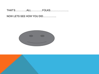 THAT’S…………..ALL…………..FOLKS………………….
NOW LETS SEE HOW YOU DID…………….
 