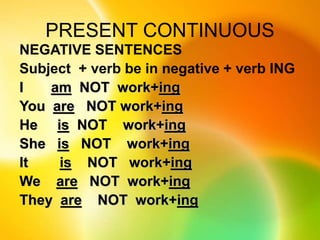 PRESENT CONTINUOUS
NEGATIVE SENTENCES
Subject + verb be in negative + verb ING
I am NOT work+ing
You are NOT work+ing
He is NOT work+ing
She is NOT work+ing
It is NOT work+ing
We are NOT work+ing
They are NOT work+ing
 