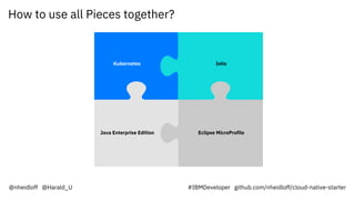 How to use all Pieces together?
Kubernetes
Java Enterprise Edition
Istio
Eclipse MicroProfile
@nheidloff @Harald_U #IBMDeveloper github.com/nheidloff/cloud-native-starter
 