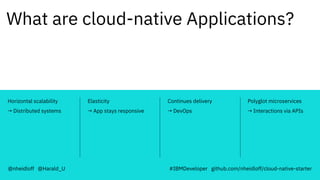 Continues delivery
→ DevOps
Polyglot microservices
→ Interactions via APIs
Elasticity
→ App stays responsive
Horizontal scalability
→ Distributed systems
What are cloud-native Applications?
@nheidloff @Harald_U #IBMDeveloper github.com/nheidloff/cloud-native-starter
 