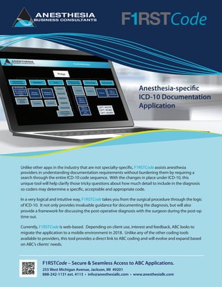 Code
F1RSTCode – Secure & Seamless Access to ABC Applications.
255 West Michigan Avenue, Jackson, MI 49201
888-242-1131 ext. 4113 • info@anesthesiallc.com • www.anesthesiallc.com
Anesthesia-specific
ICD-10 Documentation
Application
Unlike other apps in the industry that are not specialty-specific, F1RSTCode assists anesthesia
providers in understanding documentation requirements without burdening them by requiring a
search through the entire ICD-10 code sequence. With the changes in place under ICD-10, this
unique tool will help clarify those tricky questions about how much detail to include in the diagnosis
so coders may determine a specific, acceptable and appropriate code.
In a very logical and intuitive way, F1RSTCode takes you from the surgical procedure through the logic
of ICD-10. It not only provides invaluable guidance for documenting the diagnosis, but will also
provide a framework for discussing the post-operative diagnosis with the surgeon during the post-op
time out.
Currently, F1RSTCode is web-based. Depending on client use, interest and feedback, ABC looks to
migrate the application to a mobile environment in 2018. Unlike any of the other coding tools
available to providers, this tool provides a direct link to ABC coding and will evolve and expand based
on ABC’s clients' needs.
 