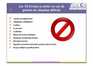 Les 10 Erreurs à éviter en cas de
             gestion de situation difficile

   Conclure précipitamment
   POURQUOI , POURQUOI ?
   Le blâme
   Le sarcasme
   La délation
   Abuser des termes techniques
   Dissonance Verbale/Non Verbale
   Détection d’erreurs
   Répondre au fond de la demande avant de calmer le client
   Ne pas s’adapter au profil du client




                                             GRC               18
 