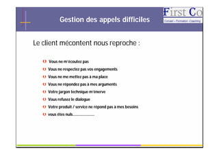 Gestion des appels difficiles


Le client mécontent nous reproche :

    Vous ne m’écoutez pas
    Vous ne respectez pas vos engagements
    Vous ne me mettez pas à ma place
    Vous ne répondez pas à mes arguments
    Votre jargon technique m’énerve
    Vous refusez le dialogue
    Votre produit / service ne répond pas à mes besoins
    vous êtes nuls………………….




                                     GRC                   6
 
