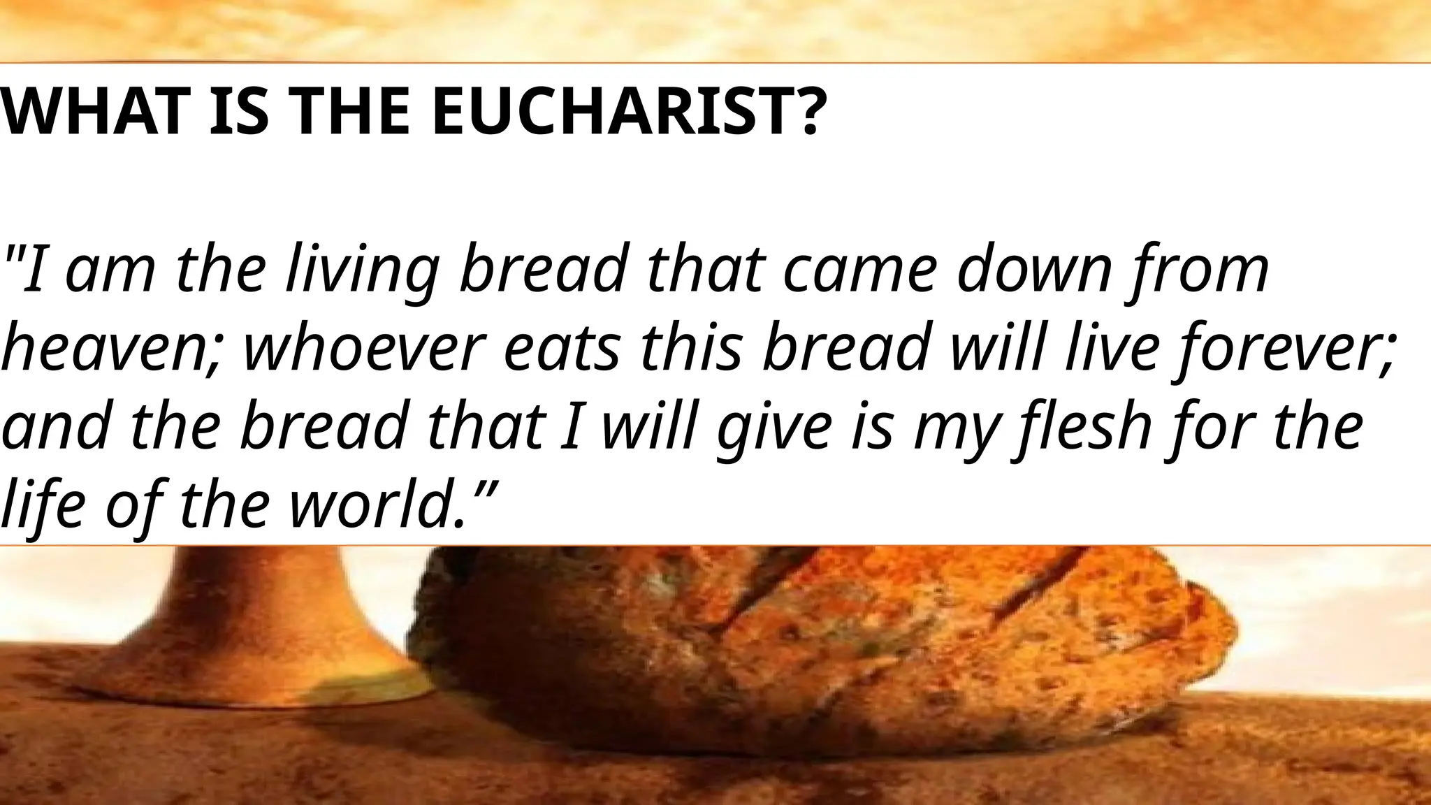 WHAT IS THE EUCHARIST?
​
"I am the living bread that came down from
heaven; whoever eats this bread will live forever;
and the bread that I will give is my flesh for the
life of the world.”
 