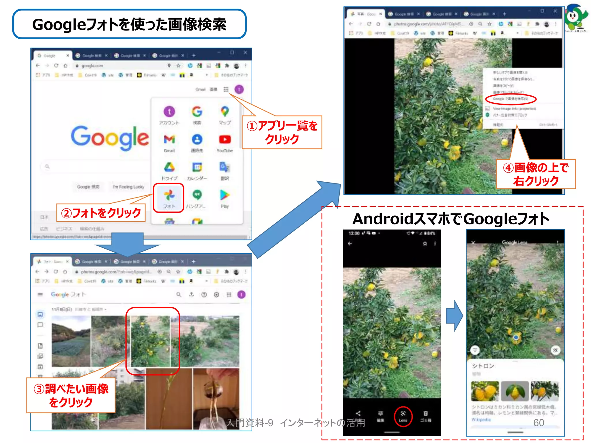 Googleフォトを使った画像検索
AndroidスマホでGoogleフォト
①アプリ一覧を
クリック
②フォトをクリック
③調べたい画像
をクリック
④画像の上で
右クリック
60
入門資料-9 インターネットの活用
 