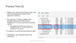 Process Tree (2)
• When you check the process tree, you
will find onedrivecli.exe on the
explorer subtree.
• At a glance, it looks a legitimate
process because of the name.
However, it is not a common process
name.
• The legitimate OneDrive process is
“OneDrive.exe”. Is it a CLI version of
OneDrive? It is weird.
• It spawns a command prompt as well.
• Therefore, you should check this
carefully.
Copyright Internet Initiative Japan Inc. 108
 