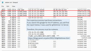 Copyright Internet Initiative Japan Inc. 111
The suspicious process had three connections.
If you search the google for this IP address, you will find
the report below. It was used for gh0sttimes’ C2 Server.
Therefore, this process must be malware.
https://blogs.jpcert.or.jp/en/2021/10/gh0sttimes.html
 