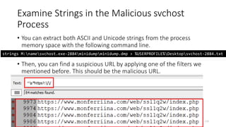Examine Strings in the Malicious svchost
Process
Copyright Internet Initiative Japan Inc. 124
• You can extract both ASCII and Unicode strings from the process
memory space with the following command line.
• Then, you can find a suspicious URL by applying one of the filters we
mentioned before. This should be the malicious URL.
strings M:namesvchost.exe-2884minidumpminidump.dmp > %USERPROFILE%Desktopsvchost-2884.txt
 