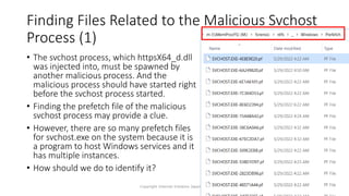Finding Files Related to the Malicious Svchost
Process (1)
Copyright Internet Initiative Japan Inc. 128
• The svchost process, which httpsX64_d.dll
was injected into, must be spawned by
another malicious process. And the
malicious process should have started right
before the svchost process started.
• Finding the prefetch file of the malicious
svchost process may provide a clue.
• However, there are so many prefetch files
for svchost.exe on the system because it is
a program to host Windows services and it
has multiple instances.
• How should we do to identify it?
 