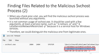 Finding Files Related to the Malicious Svchost
Process (2)
Copyright Internet Initiative Japan Inc. 129
• When you check proc-v.txt, you will find the malicious svchost process was
launched without any arguments.
• It is not common usage of svchost.exe. It should be used with a few
arguments, at least a service name, such as "-k netsvcs -p" and "-k
LocalServiceNetworkRestricted -p" because it is a service host for Windows
services.
• Therefore, we could distinguish the malicious one from legitimate ones.
 