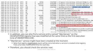Finding Files Related to the Malicious Svchost
Process (6)
Copyright Internet Initiative Japan Inc. 140
• The first one is the file modification entry for the prefetch file.
However, a lot of prefetch files were modified at the same time. It
seems to be Windows booting, so it is difficult to find a clue
unfortunately.
• In addition, you can also find a service entry named "WpnServec“ on the
HKLMSYSTEM registry hive was modified at the same time as the first execution
time of VBOXDTRACE.EXE.
• “WpnServec” service might have been created at the moment.
• Note that registry modification event will be occurred when a service is created since registry
hives only have modification time for each key.
• Therefore, you should check the services next.
 