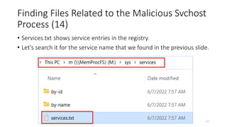 Finding Files Related to the Malicious Svchost
Process (14)
Copyright Internet Initiative Japan Inc. 141
• Services.txt shows service entries in the registry.
• Let's search it for the service name that we found in the previous slide.
 
