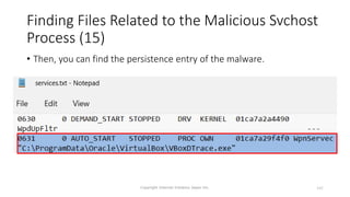 Finding Files Related to the Malicious Svchost
Process (15)
Copyright Internet Initiative Japan Inc. 142
• Then, you can find the persistence entry of the malware.
 
