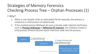Strategies of Memory Forensics
Checking Process Tree – Orphan Processes (1)
• Why?
1. When a user double-clicks an executable file for example, the process is
created as a child process of explorer.exe.
2. If the created process (Malware A) uses a remote code injection technique
such as Process Hollowing or Reflective PE Injection, the malware creates a
child process (Process B) and injects malicious code into the process.
Explorer
Malware A
Process B (e.g. IE, svchost
…) with malicious code
1. Executed by user
2. Create a Process and
Inject Malicious Code
18
Copyright Internet Initiative Japan Inc.
 