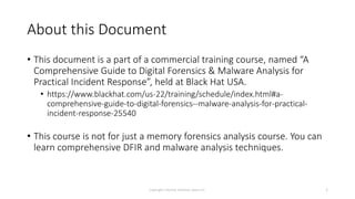 About this Document
• This document is a part of a commercial training course, named “A
Comprehensive Guide to Digital Forensics & Malware Analysis for
Practical Incident Response”, held at Black Hat USA.
• https://www.blackhat.com/us-22/training/schedule/index.html#a-
comprehensive-guide-to-digital-forensics--malware-analysis-for-practical-
incident-response-25540
• This course is not for just a memory forensics analysis course. You can
learn comprehensive DFIR and malware analysis techniques.
Copyright Internet Initiative Japan Inc. 2
 