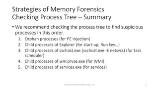 Strategies of Memory Forensics
Checking Process Tree – Summary
• We recommend checking the process tree to find suspicious
processes in this order.
1. Orphan processes (for PE injection)
2. Child processes of Explorer (for start-up, Run key…)
3. Child processes of svchost.exe (svchost.exe -k netsvcs) (for task
scheduler)
4. Child processes of wmiprvse.exe (for WMI)
5. Child processes of services.exe (for services)
Copyright Internet Initiative Japan Inc. 21
 