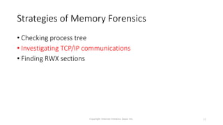 Strategies of Memory Forensics
• Checking process tree
• Investigating TCP/IP communications
• Finding RWX sections
Copyright Internet Initiative Japan Inc. 22
 