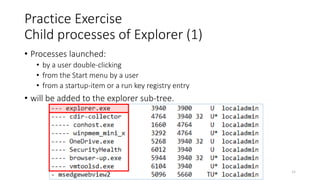 Practice Exercise
Child processes of Explorer (1)
• Processes launched:
• by a user double-clicking
• from the Start menu by a user
• from a startup-item or a run key registry entry
• will be added to the explorer sub-tree.
Copyright Internet Initiative Japan Inc. 34
 