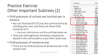 Practice Exercise
Other Important Subtrees (2)
• Child processes of svchost.exe (svchost.exe -k
netsvcs)
• You can find that PID 372 has this command line by
checking proc-v.txt, and there are three child
processes of it.
• sihost.exe, taskhostw.exe and MicrosoftEdgeUpdate.exe
• They also look legitimate Windows components
placed in the normal paths so put them aside now.
• Child processes of wmiprvse.exe
• There are no child processes of wmiprvse.exe in the
process tree.
Copyright Internet Initiative Japan Inc. 41
 