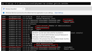 Copyright Internet Initiative Japan Inc. 46
py -3 vol.py -f C:Artifactscase1physmem.raw windows.getsids.GetSIDs
Browser-up.exe was executed by localadmin.
The user is a local administrator account because it
belongs to Administrators group.
However, the process has only medium level. So this
process was not elevated by UAC.
 