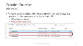 Practice Exercise
Netstat
• Network status is listed in the following text files. We always use
netstat-v.txt because netstat.txt is a subset of it.
• M:sysnetnetstat.txt
• M:sysnetnetstat-v.txt
Copyright Internet Initiative Japan Inc. 49
 