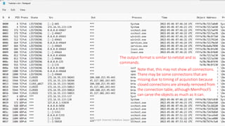 Copyright Internet Initiative Japan Inc. 50
Note that, this may not show all connections.
There may be some connections that are
missing due to timing of acquisition because
closed connections are already removed from
the connection table, although MemProcFS
can carve the objects as much as it can.
The output format is similar to netstat and ss
commands.
 