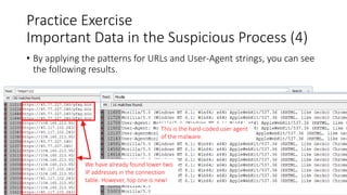 • By applying the patterns for URLs and User-Agent strings, you can see
the following results.
Copyright Internet Initiative Japan Inc. 71
Practice Exercise
Important Data in the Suspicious Process (4)
We have already found lower two
IP addresses in the connection
table. However, top one is new!
This is the hard-coded user agent
of the malware.
 
