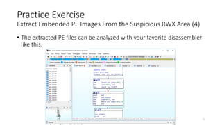 • The extracted PE files can be analyzed with your favorite disassembler
like this.
Copyright Internet Initiative Japan Inc. 76
Practice Exercise
Extract Embedded PE Images From the Suspicious RWX Area (4)
 