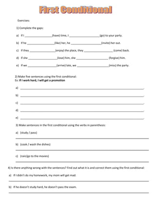Exercises:

      1) Complete the gaps:

      a) If I __________________(have) time, I ____________________(go) to your party.

      b) If he __________________(like) her, he ____________________(invite) her out.

      c) If they _________________(enjoy) the place, they ___________________ (come) back.

      d) If she ___________________(love) him, she _____________________ (forgive) him.

      e) If we ___________________(arrive) late, we _____________________(miss) the party.


     2) Make five sentences using the first conditional:
     Ex: If I work hard, I will get a promotion

      a) _________________________________________________________________________________.

      b) _________________________________________________________________________________.

      c) _________________________________________________________________________________.

      d) _________________________________________________________________________________.

      e) _________________________________________________________________________________.

      3) Make sentences in the first conditional using the verbs in parenthesis:

      a) (study / pass)


      b) (cook / wash the dishes)


      c) (rain/go to the movies)


4) Is there anything wrong with the sentences? Find out what it is and correct them using the first conditional:

a) If I didn’t do my homework, my mom will get mad.


b) If he doesn’t study hard, he doesn’t pass the exam.
 