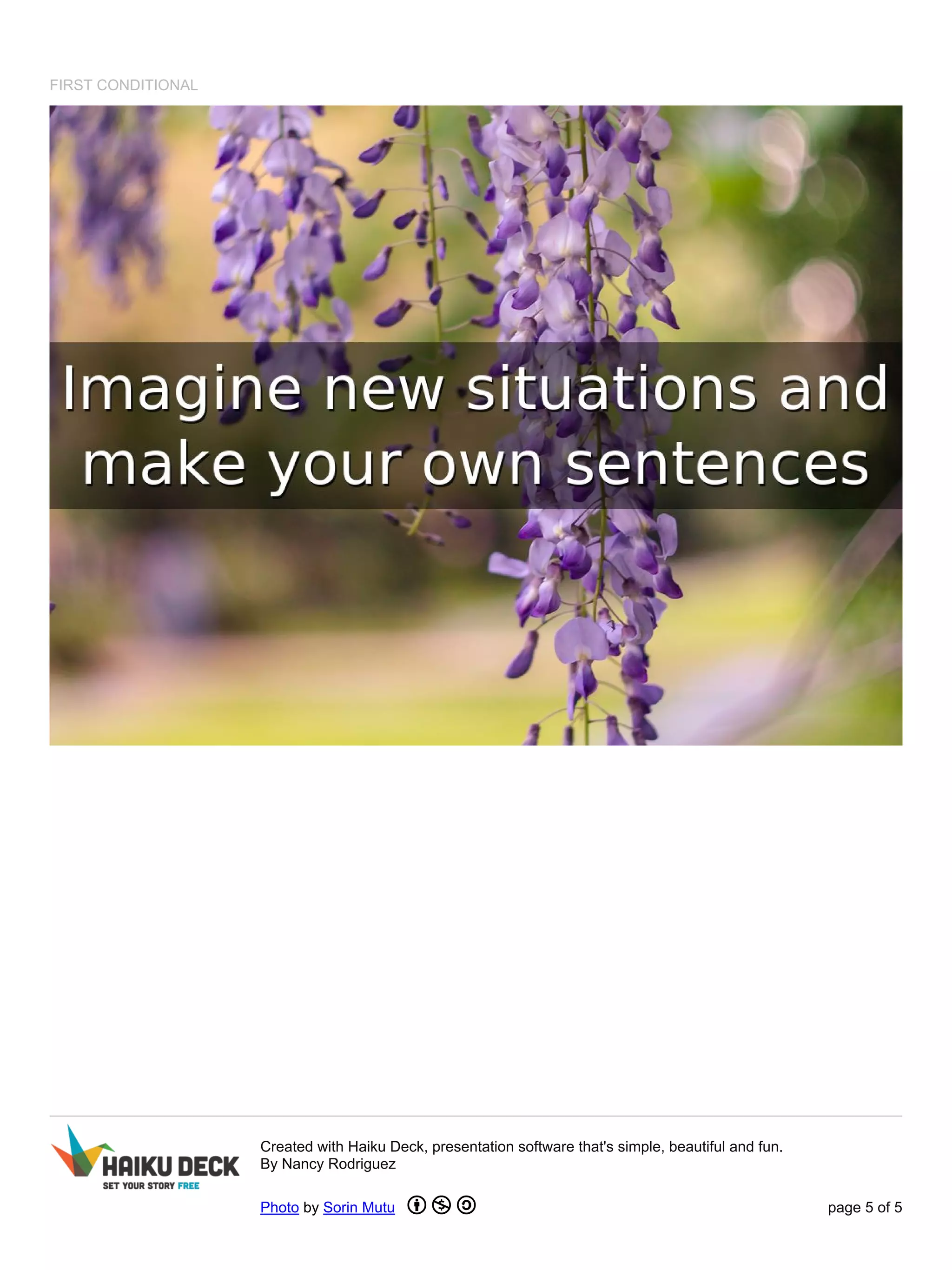 FIRST CONDITIONAL
Created with Haiku Deck, presentation software that's simple, beautiful and fun.
By Nancy Rodriguez
Photo by Sorin Mutu page 5 of 5