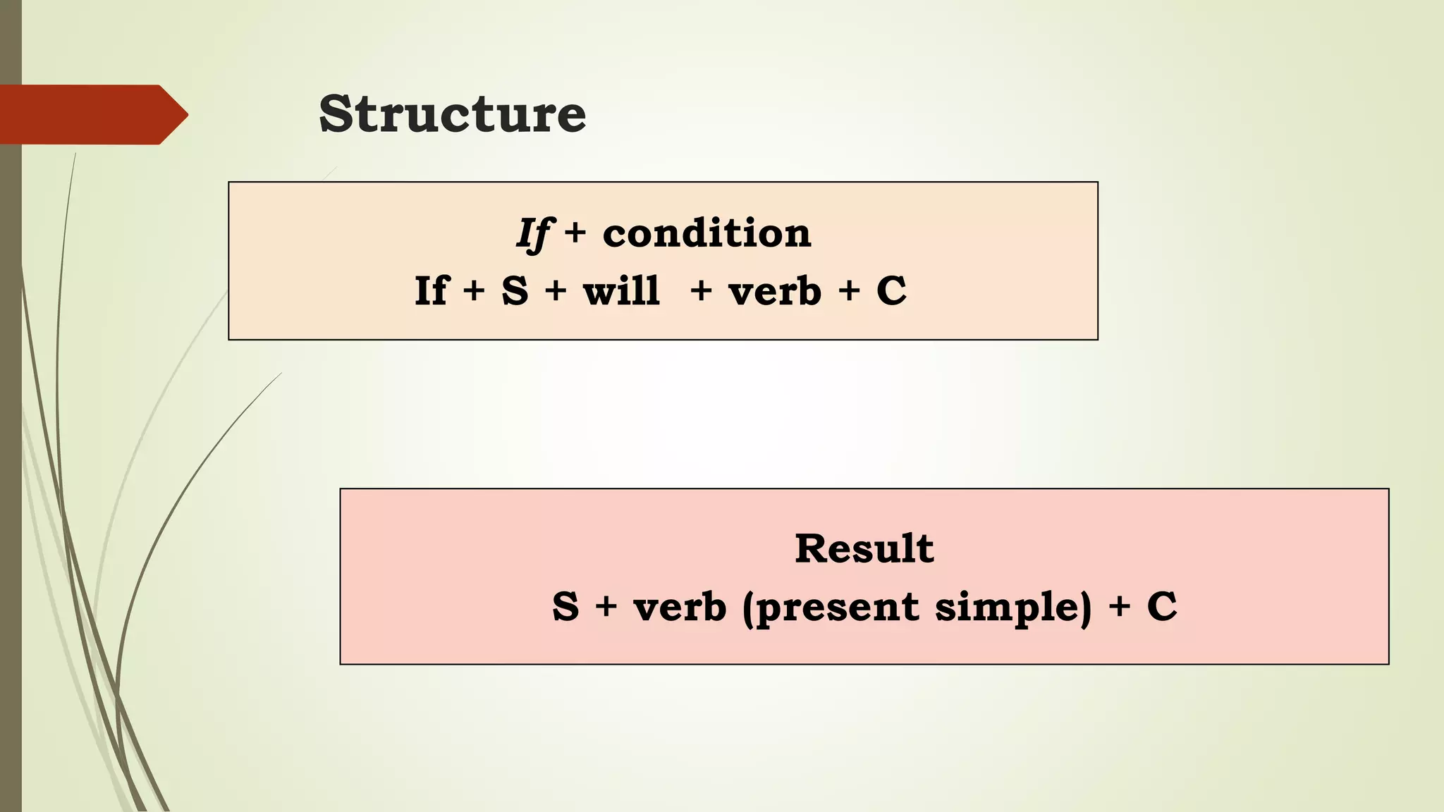 Structure
If + condition
If + S + will + verb + C
Result
S + verb (present simple) + C