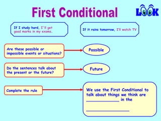 First Conditional Do the sentences talk about the present or the future? Possible Are these possible or impossible events or situations? Future Complete the rule We use the First Conditional to talk about things we think are  _____________  in the _________________ If I study hard,  I`ll get good marks in my exams . If it rains tomorrow,  I’ll watch TV 