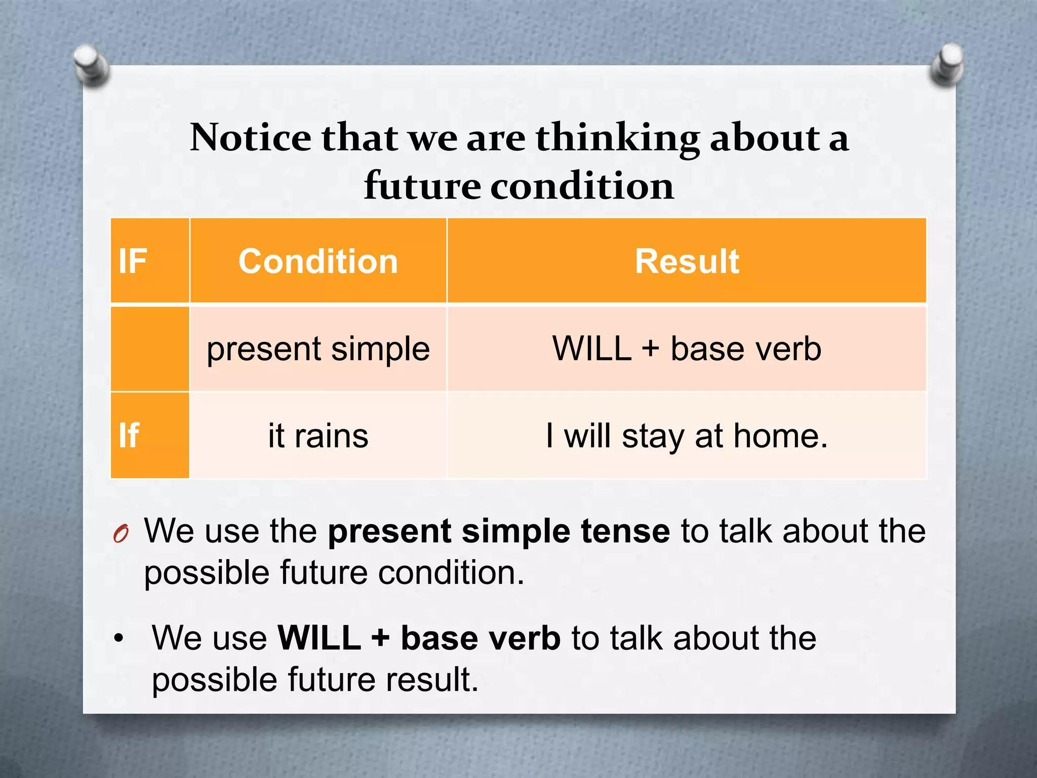 Notice that we are thinking about a
                 future condition
IF         Condition                    Result

         present simple           WILL + base verb

If           it rains             I will stay at home.

O We use the present simple tense to talk about the
     possible future condition.
• We use WILL + base verb to talk about the
  possible future result.
 