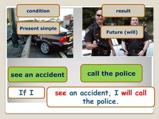 condition                      result


  Present simple
                               Future (will)




see an accident          call the police


  If I          see an accident, I will call
                        the police.
 