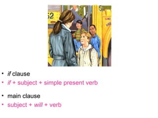 • if clause
• if + subject + simple present verb

• main clause
• subject + will + verb
 