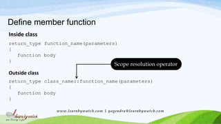 Define member function
www.learnbywatch.com | yogendra@learnbywatch.com
Inside class
return_type function_name(parameters)
{
function body
}
Outside class
return_type class_name::function_name(parameters)
{
function body
}
Scope resolution operator